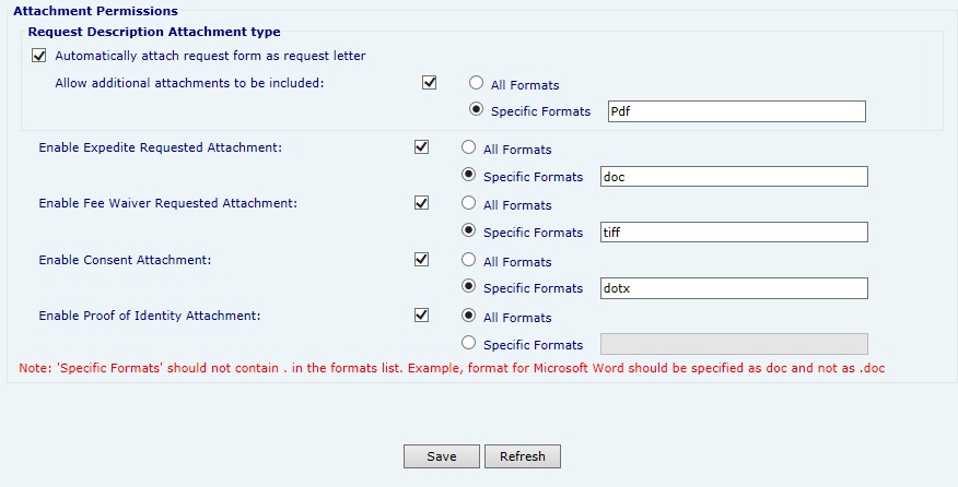 Attachment permissions settings for various document formats and request types are displayed.